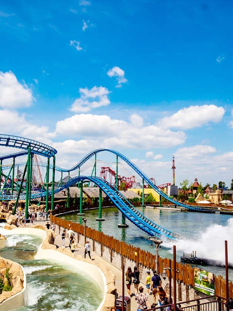 Roller coasters and water rides at Energylandia amusement park, Poland.