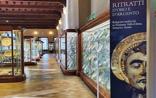 Medieval relics and artifacts displayed in Palazzo Madama, Turin.