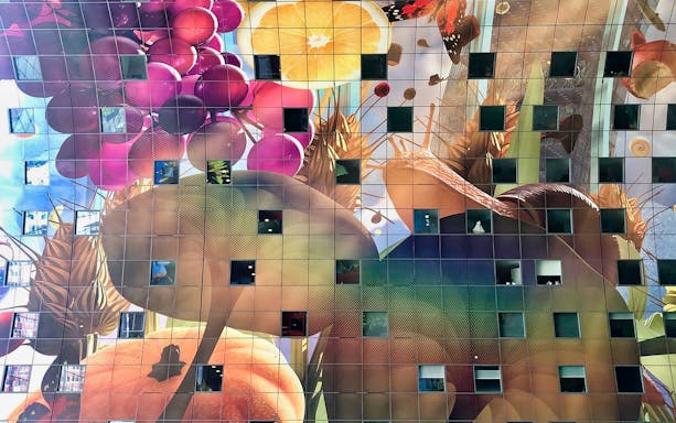 Colorful mural on Markthal Rotterdam's interior during architect-led walking tour.