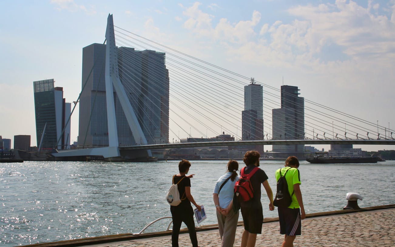 Group walking near Erasmus Bridge in Rotterdam during architect-led tour.