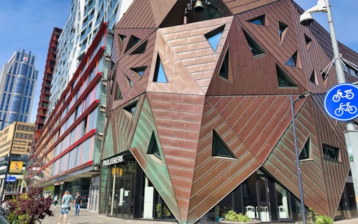 Rotterdam modern architecture with geometric facade on walking tour route.