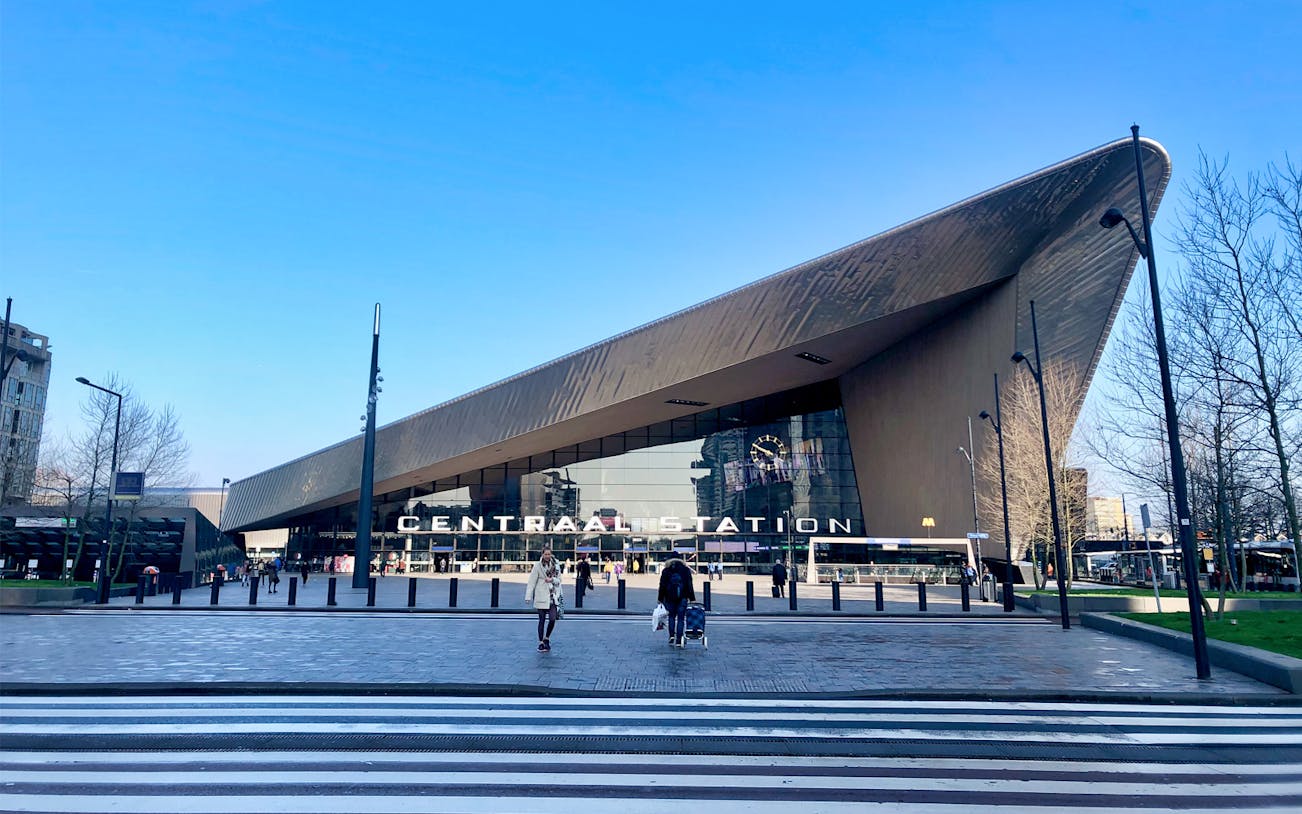 Rotterdam Centraal Station entrance during walking tour with architect guide.