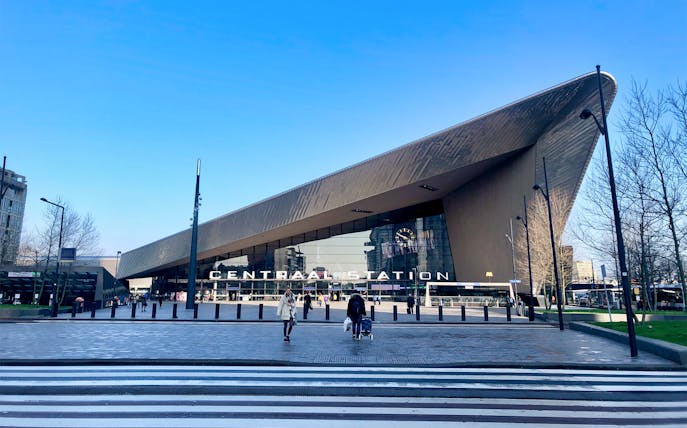 Rotterdam Centraal Station entrance during walking tour with architect guide.