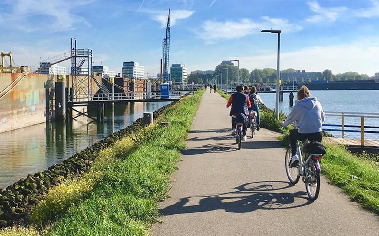 Cyclists on a riverside path in Rotterdam during a bike tour.