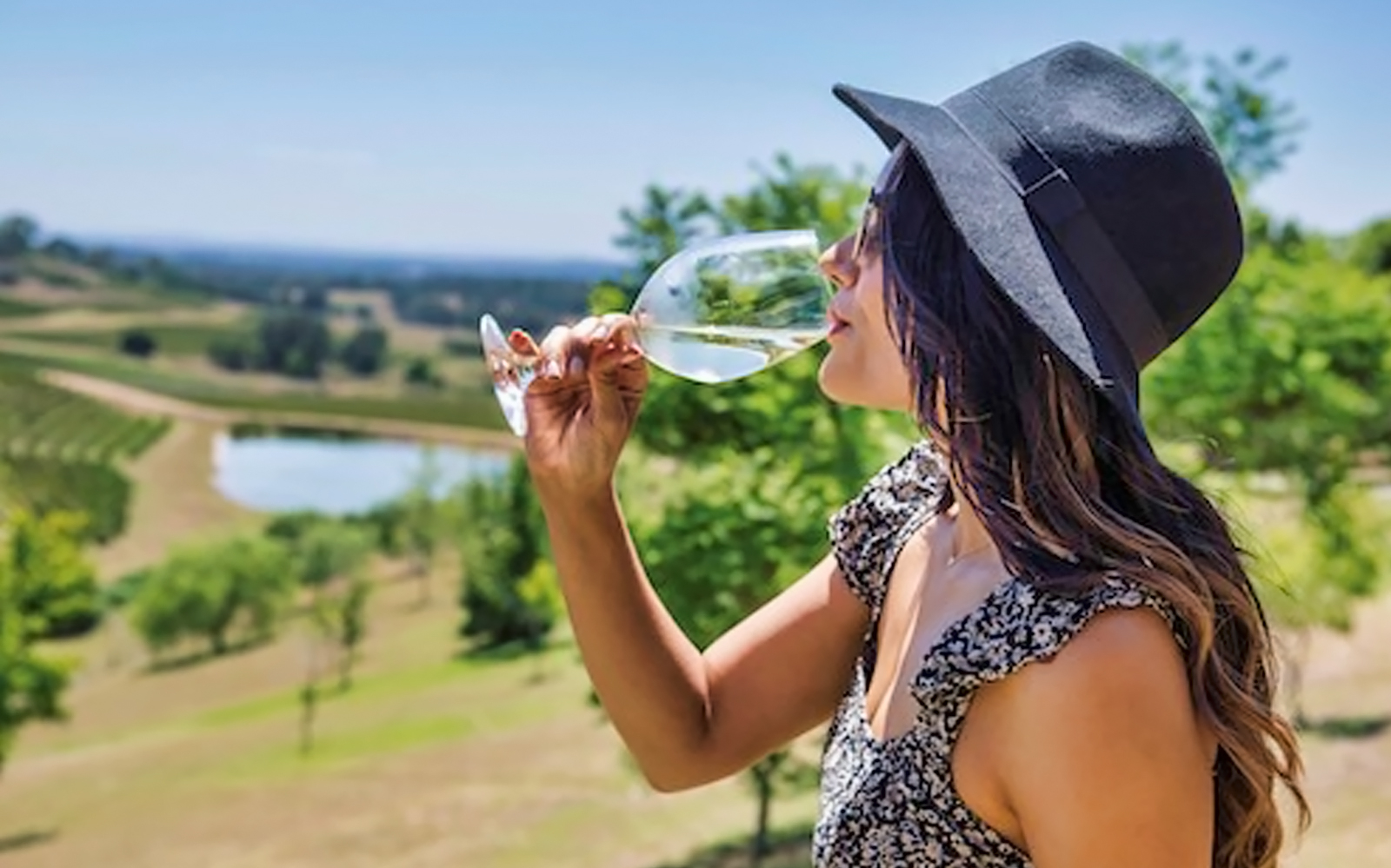 A person enjoying wine at a vineyard with scenic views.