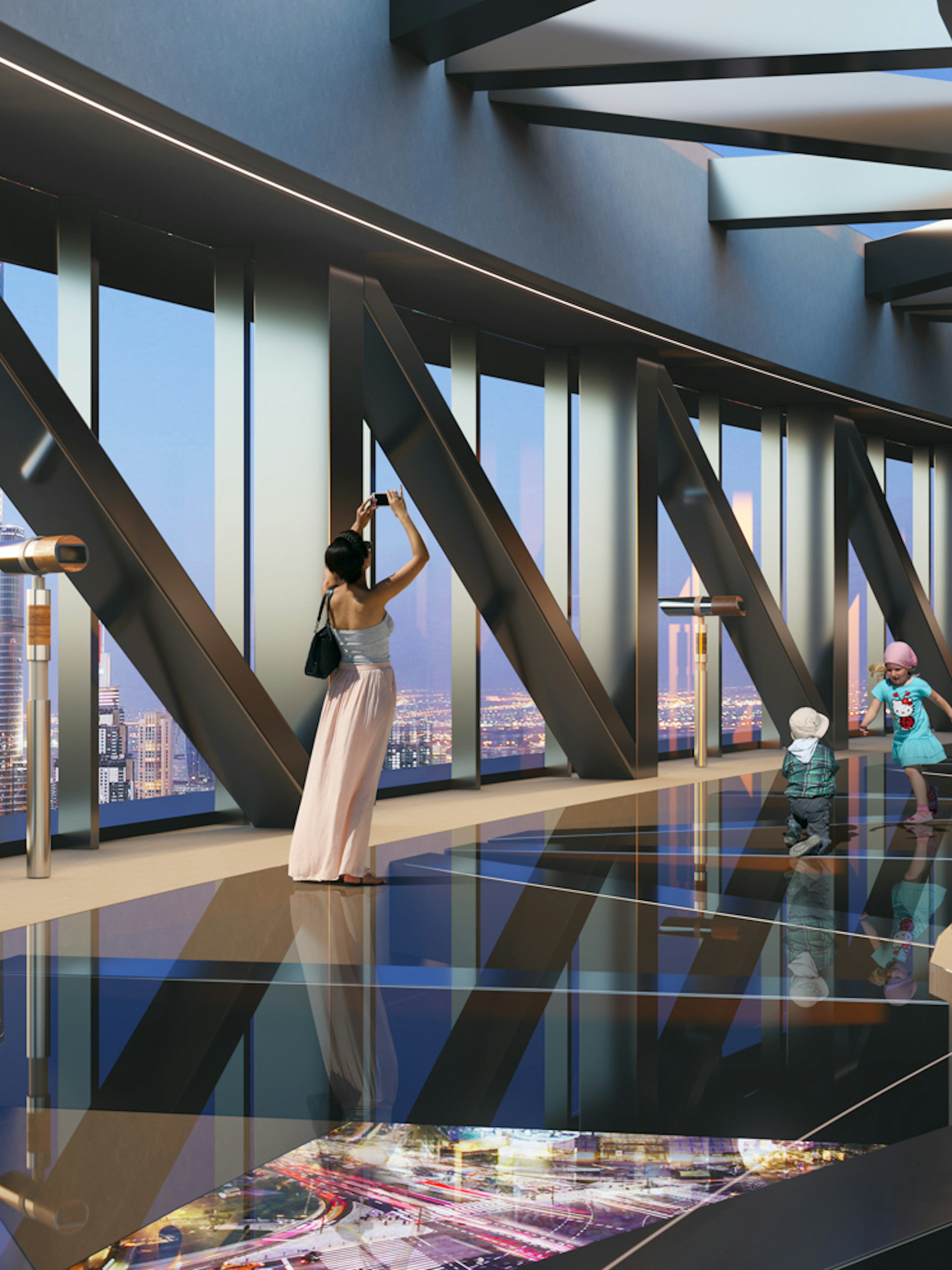 Family enjoying views at Sky Views Observatory, Dubai.