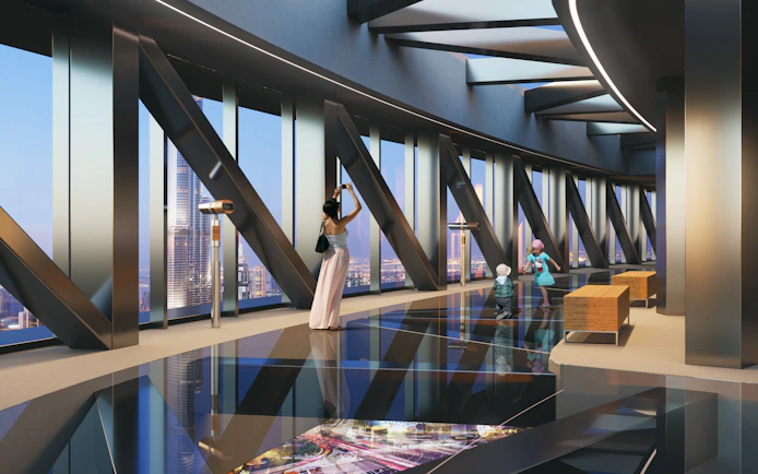 Family enjoying views at Sky Views Observatory, Dubai.