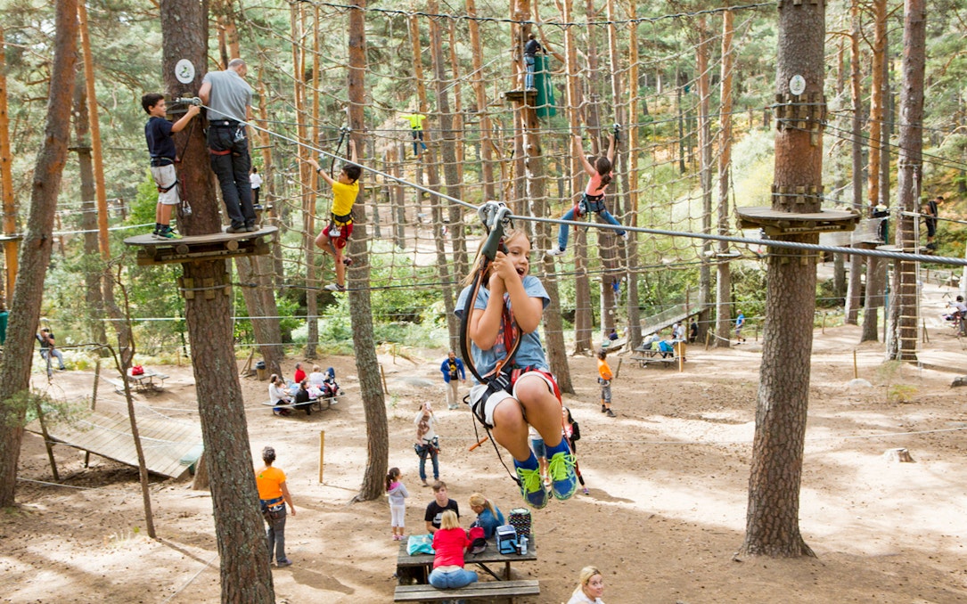 Children zip-lining and climbing at Aventura Amazonia in Pelayos forest adventure park.