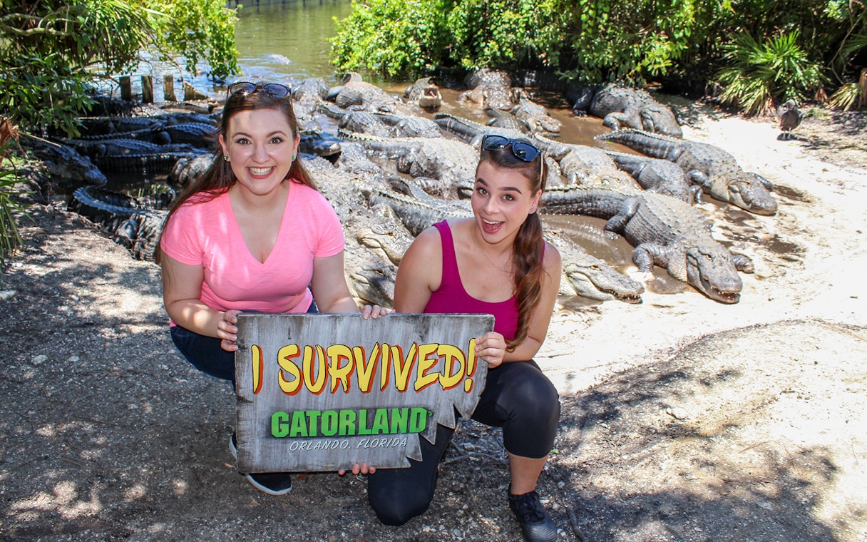Visitors holding "I Survived" sign with alligators in Gatorland, Orlando.