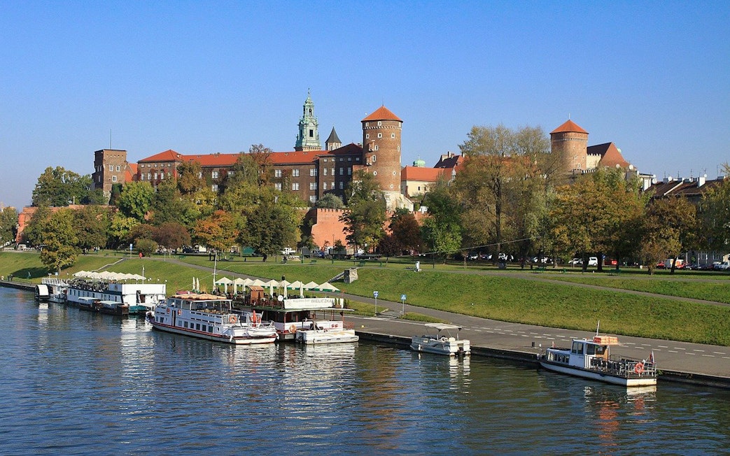 Wawel Castle and Vistula River view from Wawel Hill, Krakow, Poland.