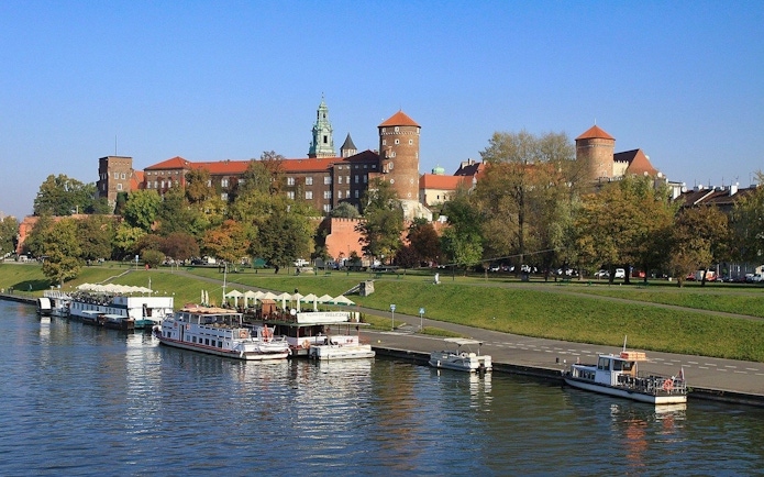Wawel Castle and Vistula River view from Wawel Hill, Krakow, Poland.