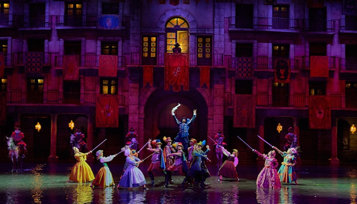 Puy du Fou España entrance with visitors gathering for El Sueño de Toledo night show in Madrid.