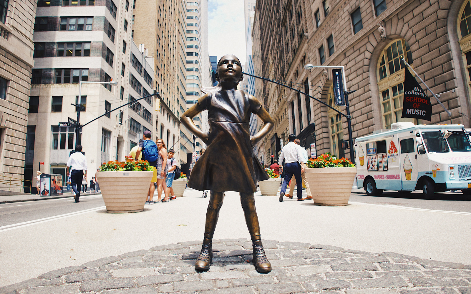 Fearless Girl statue on Wall Street during guided tour of Statue of Liberty and 9/11 Memorial.