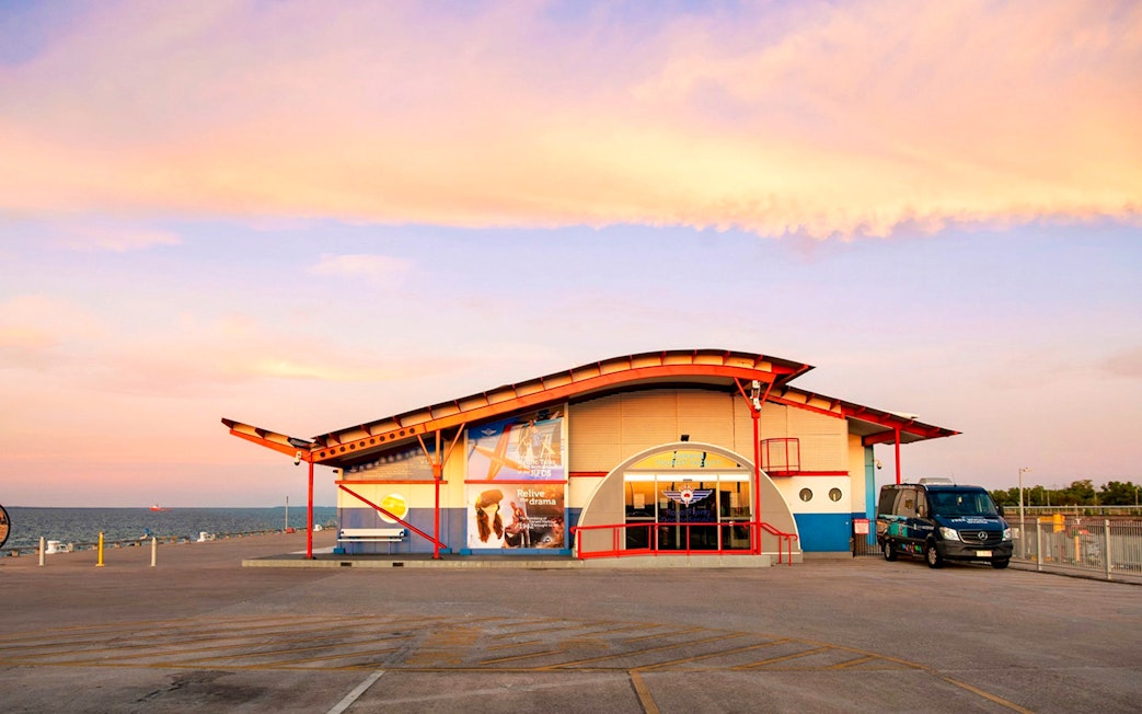Darwin Royal Flying Doctor Service building exterior at sunset, Australia.