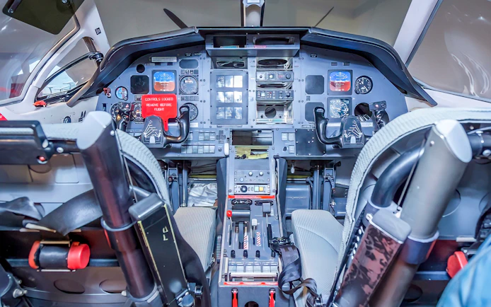 Cockpit view of a Royal Flying Doctor Service aircraft in Darwin.
