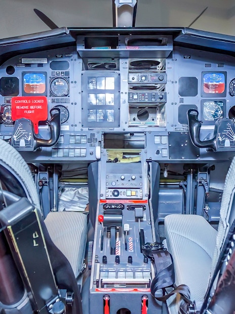 Cockpit view of a Royal Flying Doctor Service aircraft in Darwin.