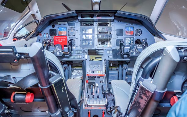 Cockpit view of a Royal Flying Doctor Service aircraft in Darwin.