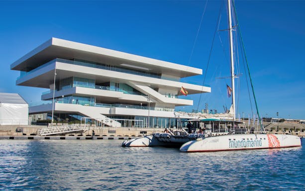 Catamaran docked near Veles e Vents building in Valencia, Spain.