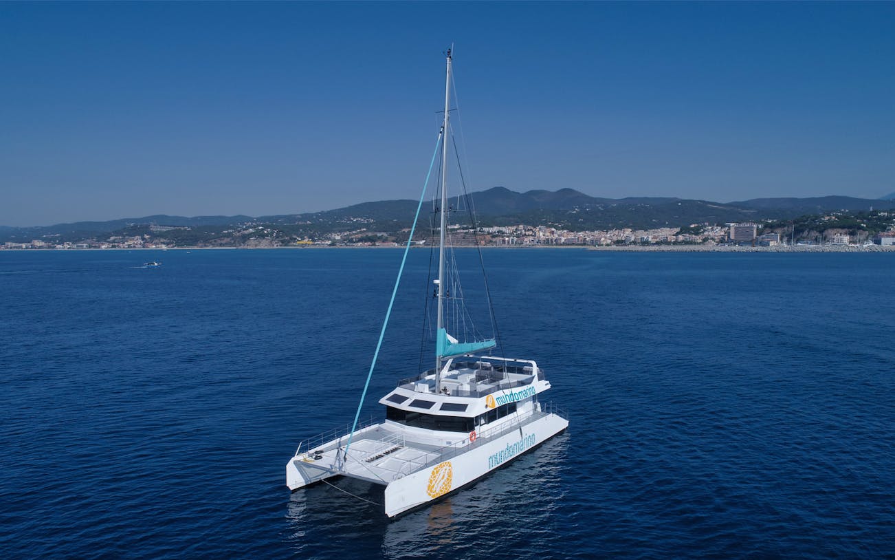 Catamaran sailing near Malaga coastline on a clear day.