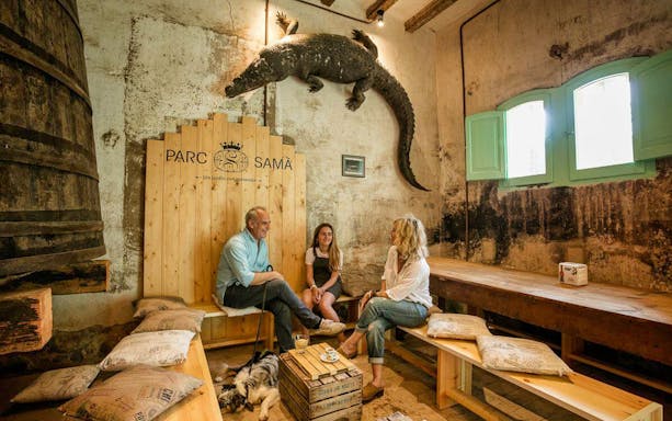 Visitors relaxing in a rustic room at Parc Samà with a crocodile display on the wall.
