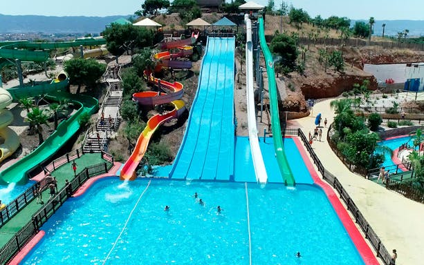 Water slides and pool at Terra Natura Murcia entrance.