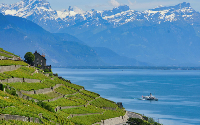 Cruise ship on Lake Geneva near Lavaux vineyards with Alps in the background.