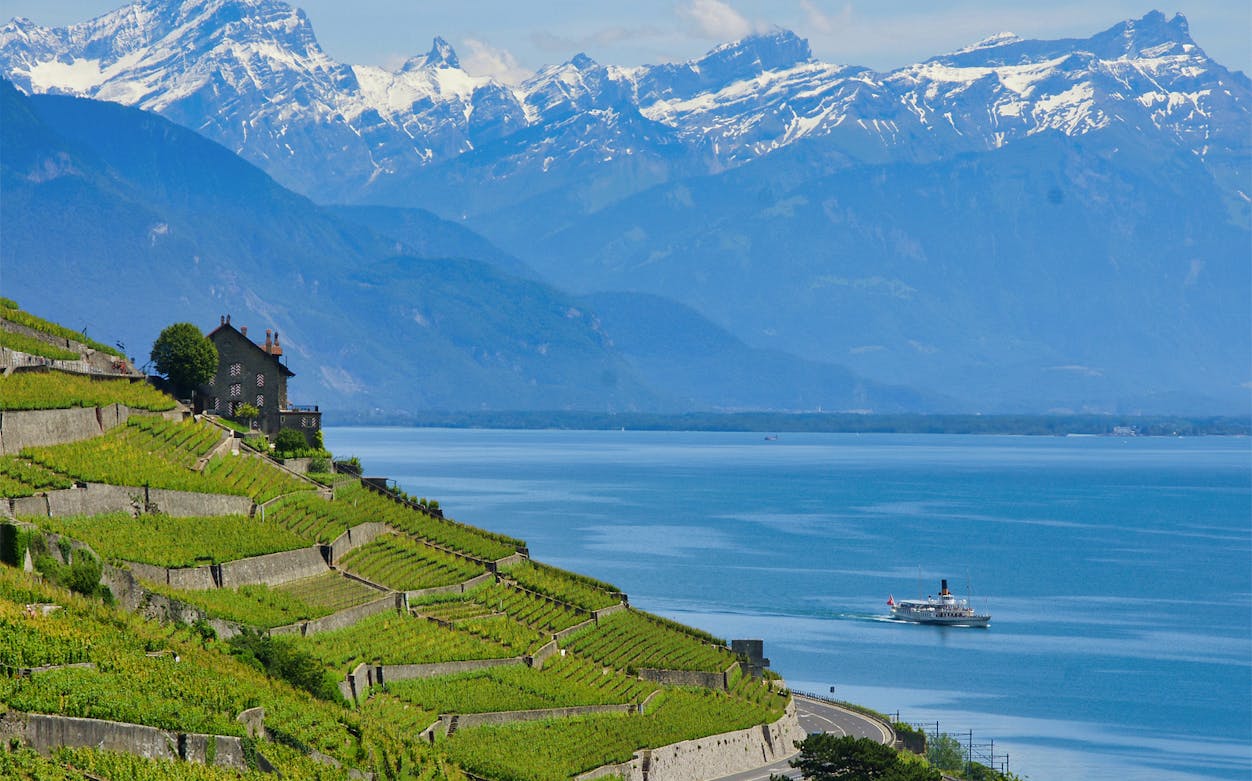 Cruise ship on Lake Geneva near Lavaux vineyards with Alps in the background.