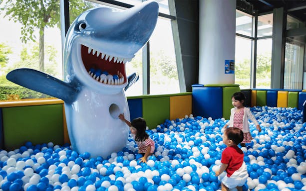 Children playing in a ball pit with a large shark figure at Pororo Park.