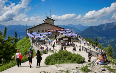 Visitors at Eagle’s Nest with mountain views on Skip The Line Tour from Salzburg.