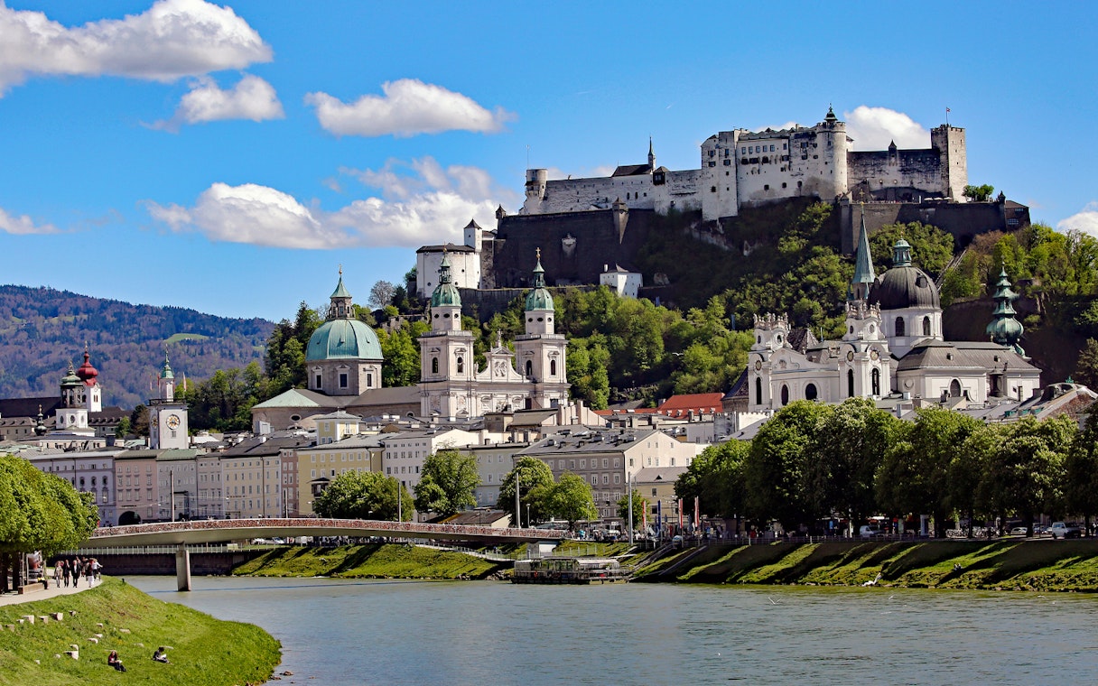 Salzburg skyline with Hohensalzburg Fortress and Salzach River, Austria.