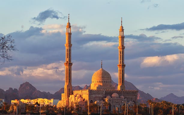Al Mustafa Mosque with mountains in the background during sunset, Sharm El Sheikh.