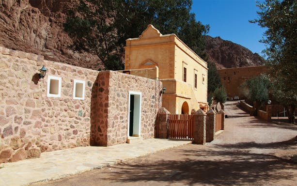 St. Catherine’s Monastery stone building with desert backdrop, Sharm-El-Sheikh.