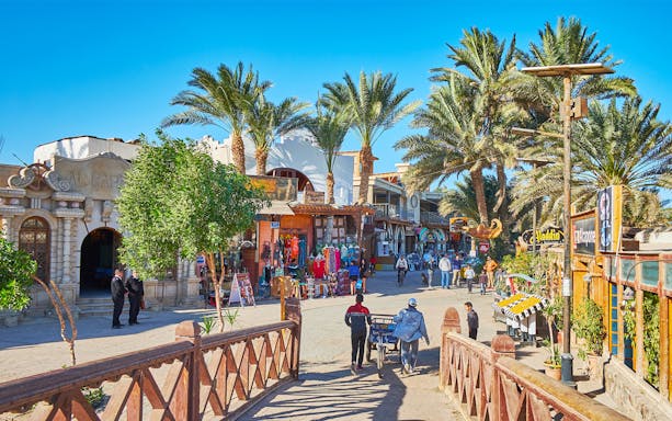 Dahab city street with shops and palm trees, Sharm-El-Sheikh tour.