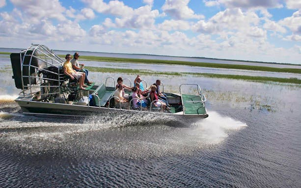 Airboat gliding through Everglades National Park with tourists, showcasing lush wetlands and wildlife.
