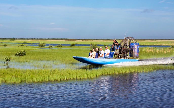 Everglades airboat tour with passengers gliding through wetlands.