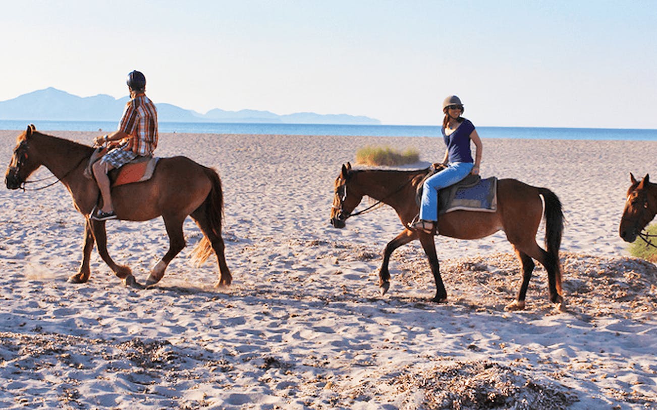 Horseback riders on a sandy beach in Mallorca with distant mountains.