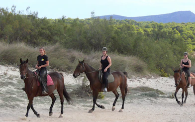 Horseback riders on a sandy beach trail in Mallorca with lush greenery in the background.