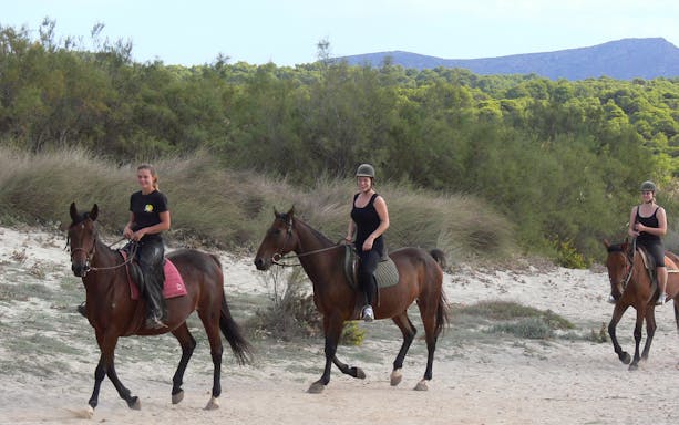 Horseback riders on a sandy beach trail in Mallorca with lush greenery in the background.