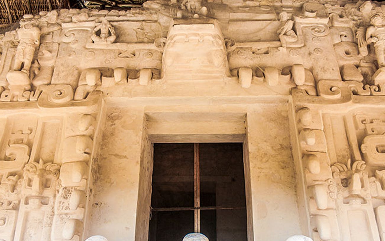 Ancient Mayan carvings at Ek Balam archaeological site, Yucatan, Mexico.