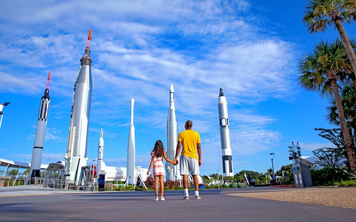 Visitors at Kennedy Space Center Rocket Garden, Florida.