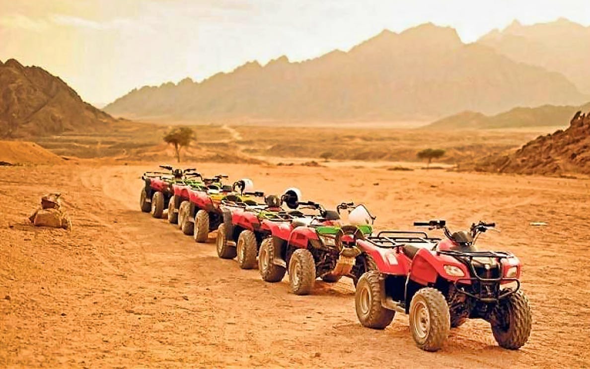 Quad bikes lined up for a desert safari trip with mountains in the background.