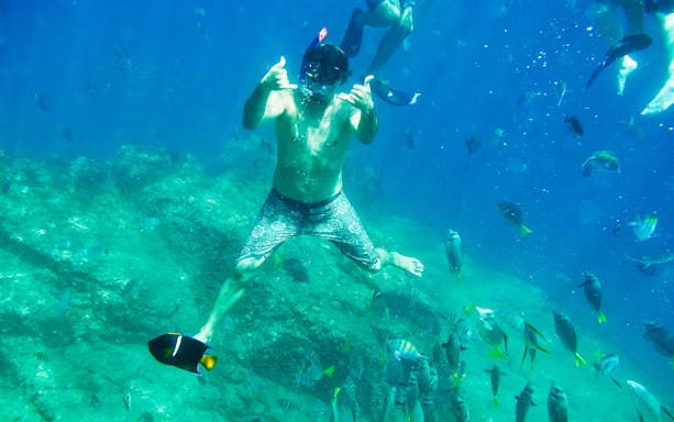 Snorkeler surrounded by fish during Glass Bottom Kayaks & Snorkeling Tour at the Arch.