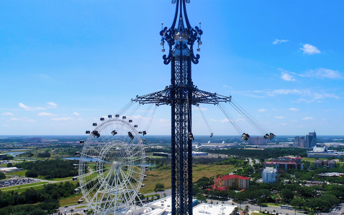 ICON Park observation wheel and swing ride in Orlando, Florida.