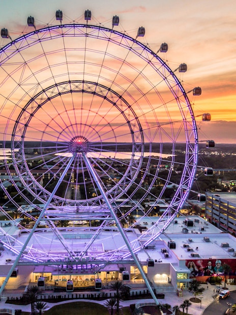 Ferris wheel at ICON Park in Orlando during sunset.