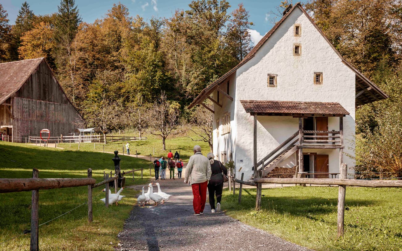 Visitors walking past traditional Swiss farmhouse at Ballenberg Open-Air Museum.