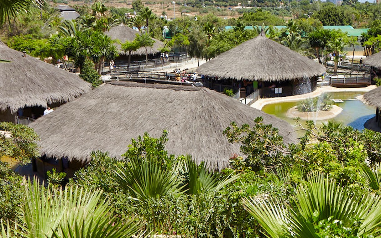 Thatch-roofed huts and lush greenery at Crocodile Park, Spain.