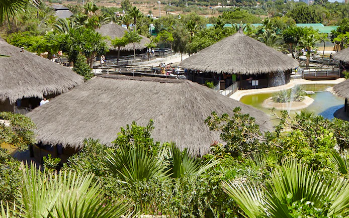 Thatch-roofed huts and lush greenery at Crocodile Park, Spain.