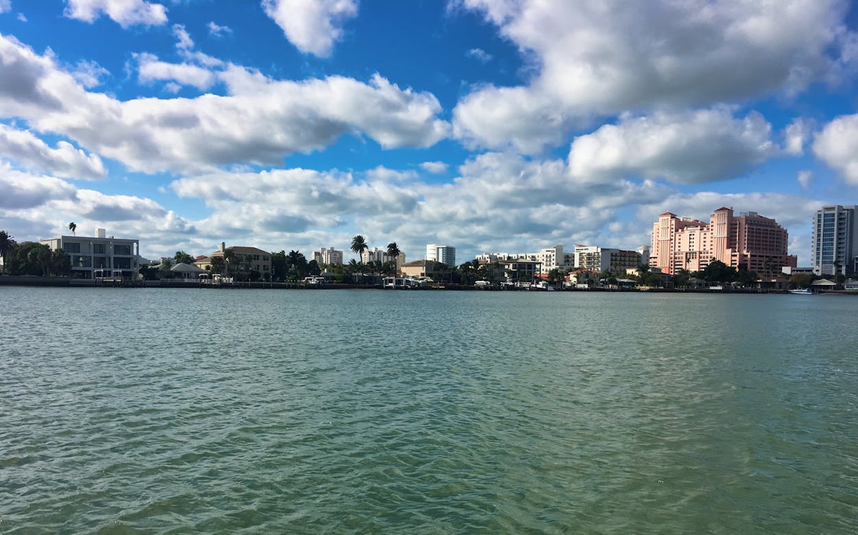 Gulf of Mexico shoreline with cityscape, ideal for deep sea fishing tours.