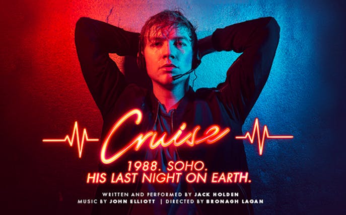 Performer with headset in neon-lit setting, text reads "Cruise 1988 Soho.