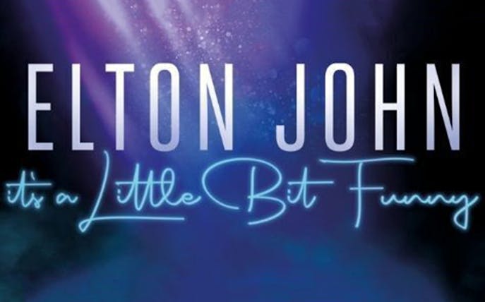 Elton John: It's a Little Bit Funny tour poster with purple and blue background.